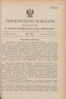 Obwieszczenia Publiczne : dodatek do Dziennika Urzędowego Ministerstwa Sprawiedliwości. R.8, № 92 (18 października 1924)