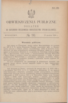 Obwieszczenia Publiczne : dodatek do Dziennika Urzędowego Ministerstwa Sprawiedliwości. R.8, № 110 (20 grudnia 1924)