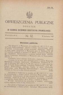 Obwieszczenia Publiczne : dodatek do Dziennika Urzędowego Ministerstwa Sprawiedliwości. R.11, № 32 (20 kwietnia 1927)