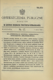 Obwieszczenia Publiczne : dodatek do Dziennika Urzędowego Ministerstwa Sprawiedliwości. R.17, № 17 (1 marca 1933)