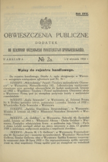 Obwieszczenia Publiczne : dodatek do Dziennika Urzędowego Ministerstwa Sprawiedliwości. R.17, № 2 A (7 stycznia 1933)