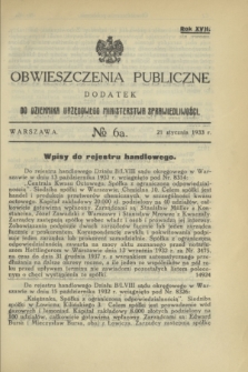 Obwieszczenia Publiczne : dodatek do Dziennika Urzędowego Ministerstwa Sprawiedliwości. R.17, № 6 A (21 stycznia 1933)