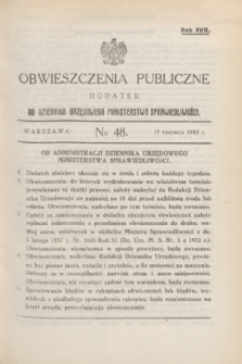 Obwieszczenia Publiczne : dodatek do Dziennika Urzędowego Ministerstwa Sprawiedliwości. R.17, № 48 (17 czerwca 1933)