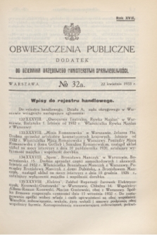 Obwieszczenia Publiczne : dodatek do Dziennika Urzędowego Ministerstwa Sprawiedliwości. R.17, № 32 A (22 kwietnia 1933)