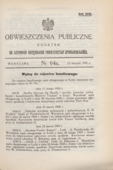 Obwieszczenia Publiczne : dodatek do Dziennika Urzędowego Ministerstwa Sprawiedliwości. R.17, № 64 A (12 sierpnia 1933)