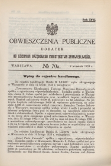 Obwieszczenia Publiczne : dodatek do Dziennika Urzędowego Ministerstwa Sprawiedliwości. R.17, № 70 A (2 września 1933)