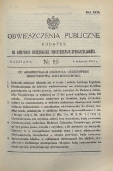 Obwieszczenia Publiczne : dodatek do Dziennika Urzędowego Ministerstwa Sprawiedliwości. R.17, № 89 (8 listopada 1933)