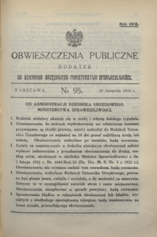 Obwieszczenia Publiczne : dodatek do Dziennika Urzędowego Ministerstwa Sprawiedliwości. R.17, № 95 (29 listopada 1933)