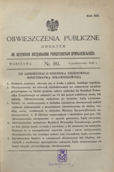 Obwieszczenia Publiczne : dodatek do Dziennika Urzędowego Ministerstwa Sprawiedliwości. R.19, № 80 (5 października 1935)