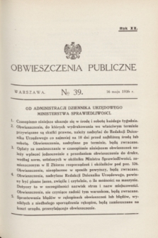 Obwieszczenia Publiczne. R.20, № 39 (16 maja 1936)