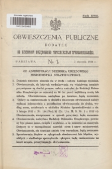 Obwieszczenia Publiczne : dodatek do Dziennika Urzędowego Ministerstwa Sprawiedliwości. R.18, № 1 (3 stycznia 1934)