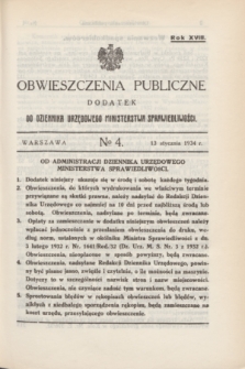 Obwieszczenia Publiczne : dodatek do Dziennika Urzędowego Ministerstwa Sprawiedliwości. R.18, № 4 (13 stycznia 1934)