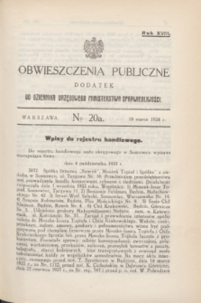 Obwieszczenia Publiczne : dodatek do Dziennika Urzędowego Ministerstwa Sprawiedliwości. R.18, № 20 A (10 marca 1934)
