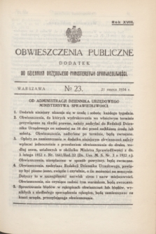 Obwieszczenia Publiczne : dodatek do Dziennika Urzędowego Ministerstwa Sprawiedliwości. R.18, № 23 (21 marca 1934)