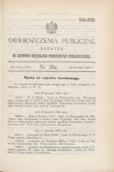 Obwieszczenia Publiczne : dodatek do Dziennika Urzędowego Ministerstwa Sprawiedliwości. R.18, № 30 A (14 kwietnia 1934)