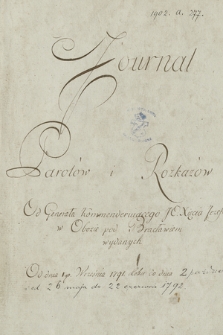 „Journal parolów i rozkazów od generała kommenderującego j.o. xięcia Józefa Poniatowskiego w obozie pod Bracławiem wydanych od dnia 1go. września 1791 roku do dnia 2 października i od 26 maja do 22 czerwca 1792”