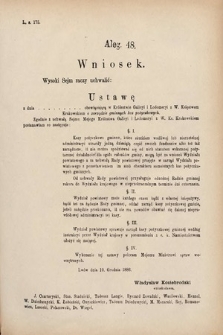 [Kadencja V, sesja IV, al. 48] Alegata do Sprawozdań Stenograficznych z Czwartej Sesyi Piątego Peryodu Sejmu Krajowego Królestwa Galicyi i Lodomeryi wraz z Wielkiem Księstwem Krakowskiem z roku 1886/7. Alegat 48