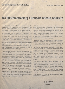 Do Nie-niemieckiej Ludności miasta Krakau! : zarządzenie w sprawie nowego spisu mieszkań i lokali użytkowych oraz skontrolowania ich wykorzystania na obszarze miasta Krakau z dnia 1.6.1944