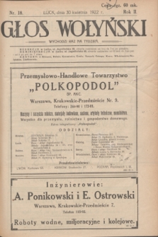 Głos Wołyński : wychodzi raz na tydzień : [czasopismo polityczno-społeczne i literackie].R.2, nr 18 (30 kwietnia 1922)