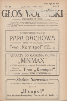 Głos Wołyński : wychodzi raz na tydzień : [czasopismo polityczno-społeczne i literackie].R.2, nr 20 (14 maja 1922)