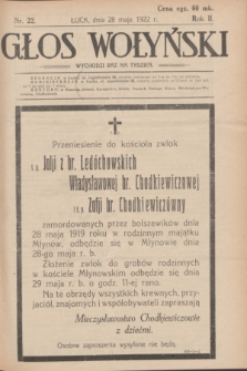 Głos Wołyński : wychodzi raz na tydzień : [czasopismo polityczno-społeczne i literackie].R.2, nr 22 (28 maja 1922)