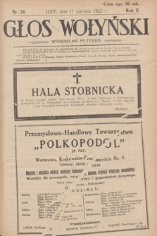 Głos Wołyński : wychodzi raz na tydzień : [czasopismo polityczno-społeczne i literackie].R.2, nr 24 (11 czerwca 1922)