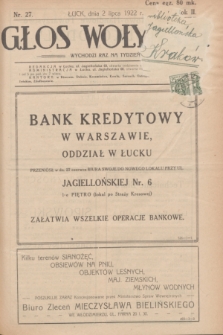 Głos Wołyński : wychodzi raz na tydzień : [czasopismo polityczno-społeczne i literackie].R.2, nr 27 (2 lipca 1922)