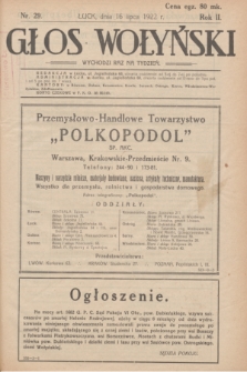 Głos Wołyński : wychodzi raz na tydzień : [czasopismo polityczno-społeczne i literackie].R.2, nr 29 (16 lipca 1922)