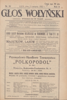 Głos Wołyński : wychodzi raz na tydzień : [czasopismo polityczno-społeczne i literackie].R.2, nr 33 (13 sierpnia 1922)