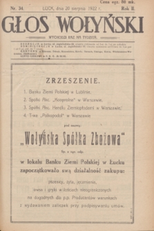 Głos Wołyński : wychodzi raz na tydzień : [czasopismo polityczno-społeczne i literackie].R.2, nr 34 (20 sierpnia 1922)