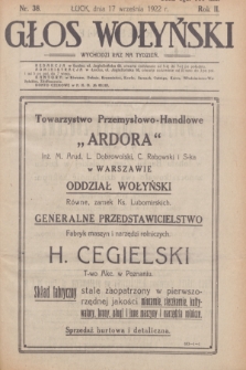 Głos Wołyński : wychodzi raz na tydzień : [czasopismo polityczno-społeczne i literackie].R.2, nr 38 (17 września 1922)