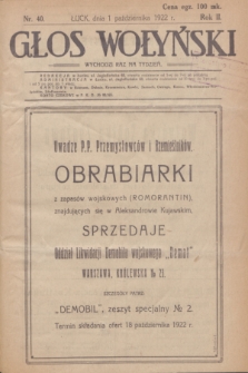 Głos Wołyński : wychodzi raz na tydzień : [czasopismo polityczno-społeczne i literackie].R.2, nr 40 (1 października 1922)