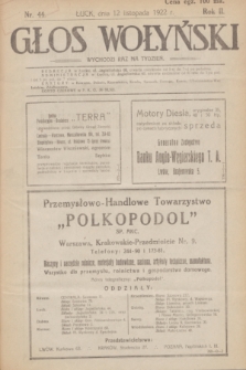 Głos Wołyński : wychodzi raz na tydzień : [czasopismo polityczno-społeczne i literackie].R.2, nr 44 (12 listopada 1922)