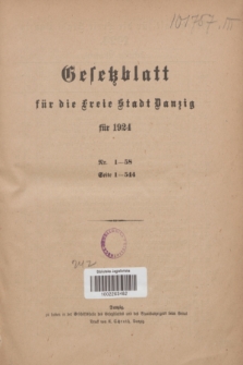 Gesetzblatt für die Freie Stadt Danzig.1924, Spis treści