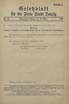 Gesetzblatt für die Freie Stadt Danzig.1925, Nr. 12 (25 März) - Ausgabe A