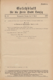 Gesetzblatt für die Freie Stadt Danzig.1927, Nr. 14 (2 April) - Ausgabe A