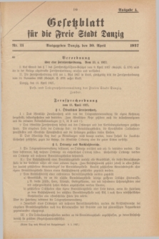 Gesetzblatt für die Freie Stadt Danzig.1927, Nr. 21 (30 April) - Ausgabe A
