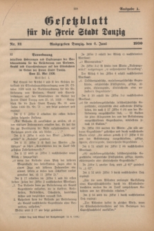 Gesetzblatt für die Freie Stadt Danzig.1930, Nr. 21 (4 Juni) - Ausgabe A