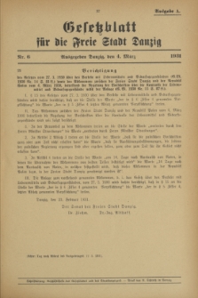 Gesetzblatt für die Freie Stadt Danzig.1931, Nr. 6 (4 März) - Ausgabe A