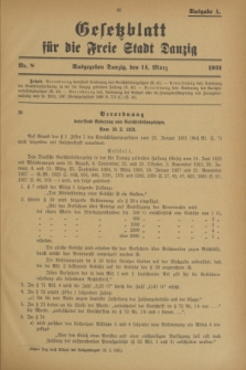 Gesetzblatt für die Freie Stadt Danzig.1931, Nr. 8 (14 März) - Ausgabe A