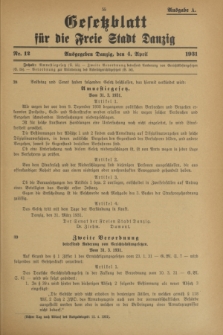 Gesetzblatt für die Freie Stadt Danzig.1931, Nr. 12 (4 April) - Ausgabe A