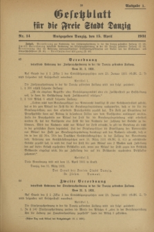 Gesetzblatt für die Freie Stadt Danzig.1931, Nr. 14 (15 April) - Ausgabe A