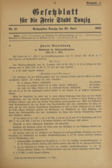Gesetzblatt für die Freie Stadt Danzig.1931, Nr. 15 (29 April) - Ausgabe A