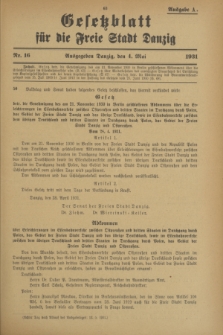 Gesetzblatt für die Freie Stadt Danzig.1931, Nr. 16 (4 Mai) - Ausgabe A