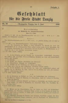 Gesetzblatt für die Freie Stadt Danzig.1931, Nr. 22 (3 Juni) - Ausgabe A