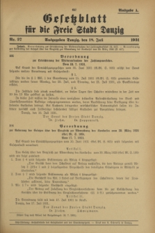 Gesetzblatt für die Freie Stadt Danzig.1931, Nr. 37 (18 Juli) - Ausgabe A