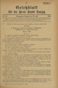 Gesetzblatt für die Freie Stadt Danzig.1931, Nr. 39 (22 Juli) - Ausgabe A