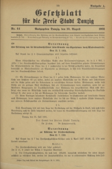 Gesetzblatt für die Freie Stadt Danzig.1931, Nr. 44 (12 August) - Ausgabe A