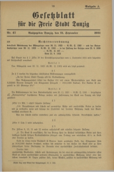 Gesetzblatt für die Freie Stadt Danzig.1931, Nr. 47 (21 September) - Ausgabe A