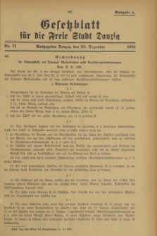 Gesetzblatt für die Freie Stadt Danzig.1931, Nr. 71 (23 Dezember) - Ausgabe A